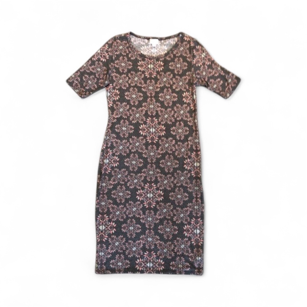 LuLaRoe Charcoal Gray Bodycon Style Midi Julia Dress With Floral Pattern size M